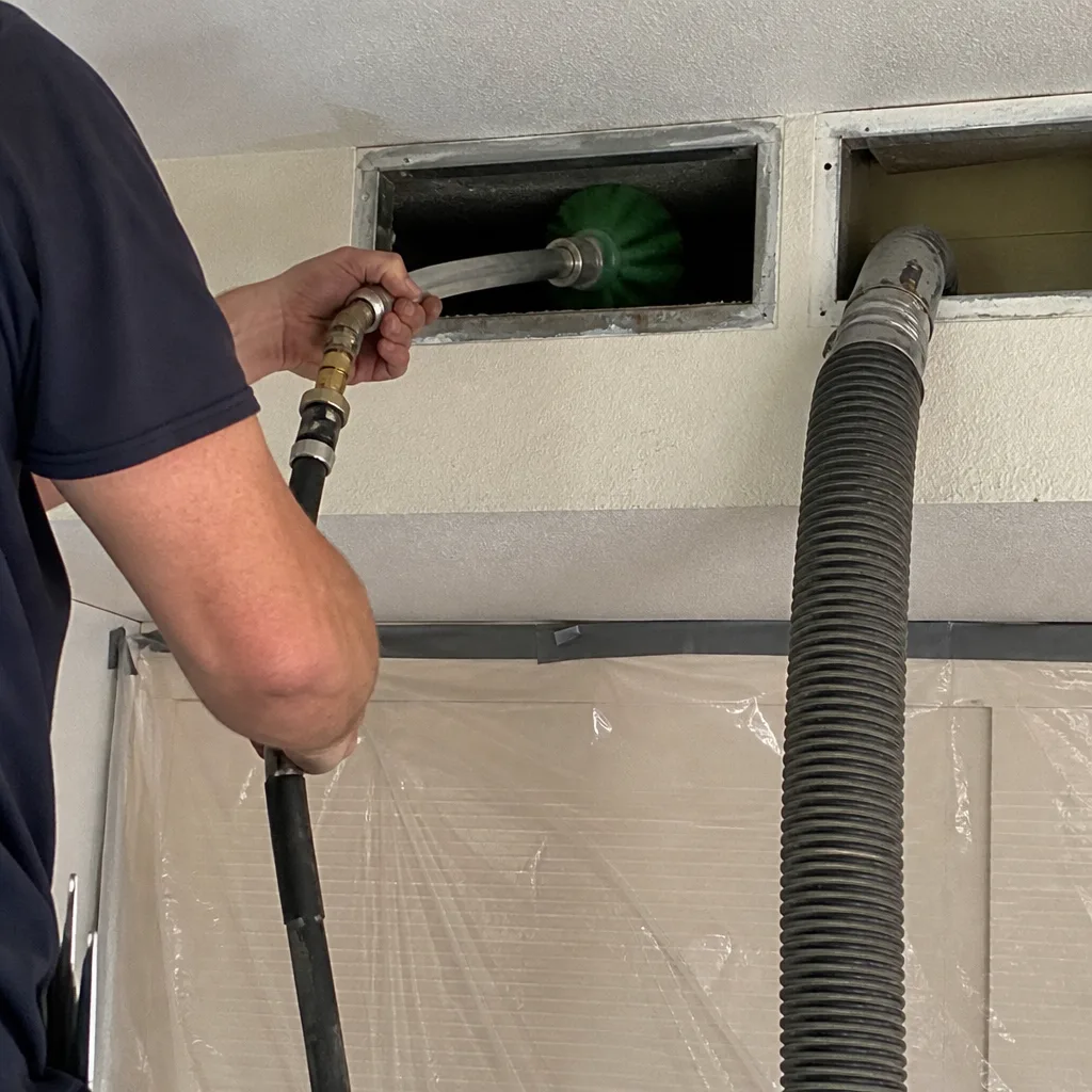 Professional air duct cleaning technician using a rotating brush and vacuum system.