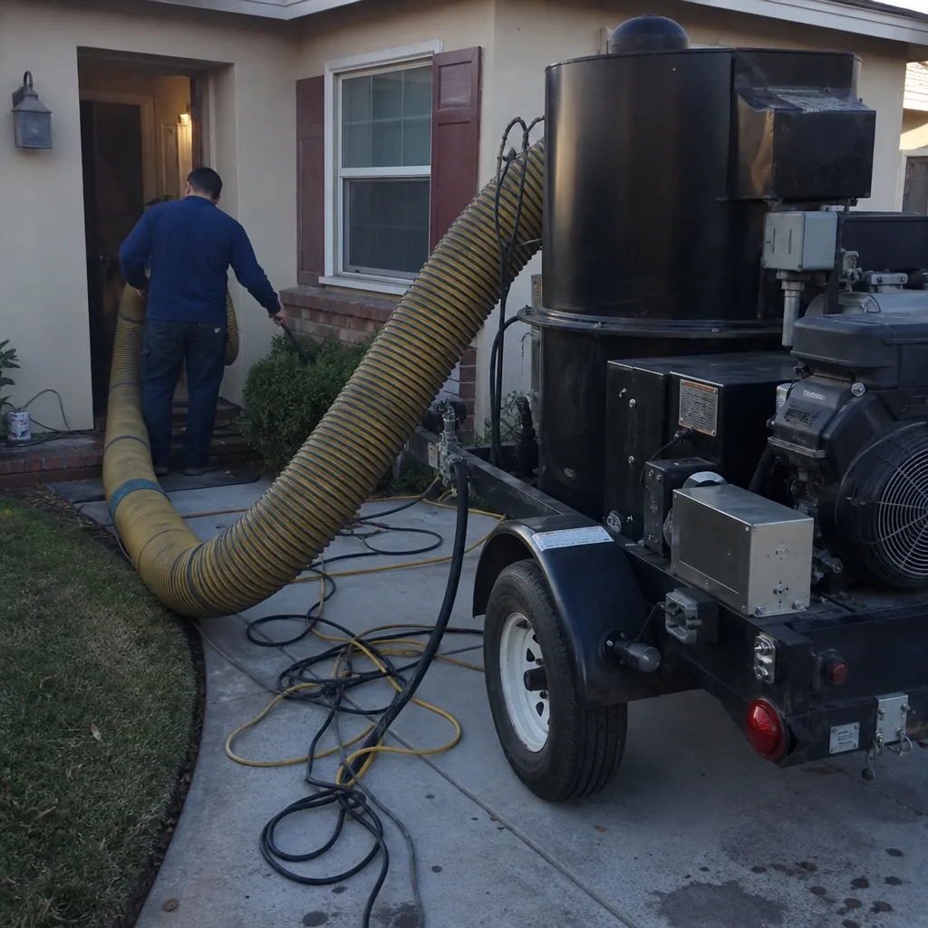 Technician using professional air duct cleaning vacuum system at a residence