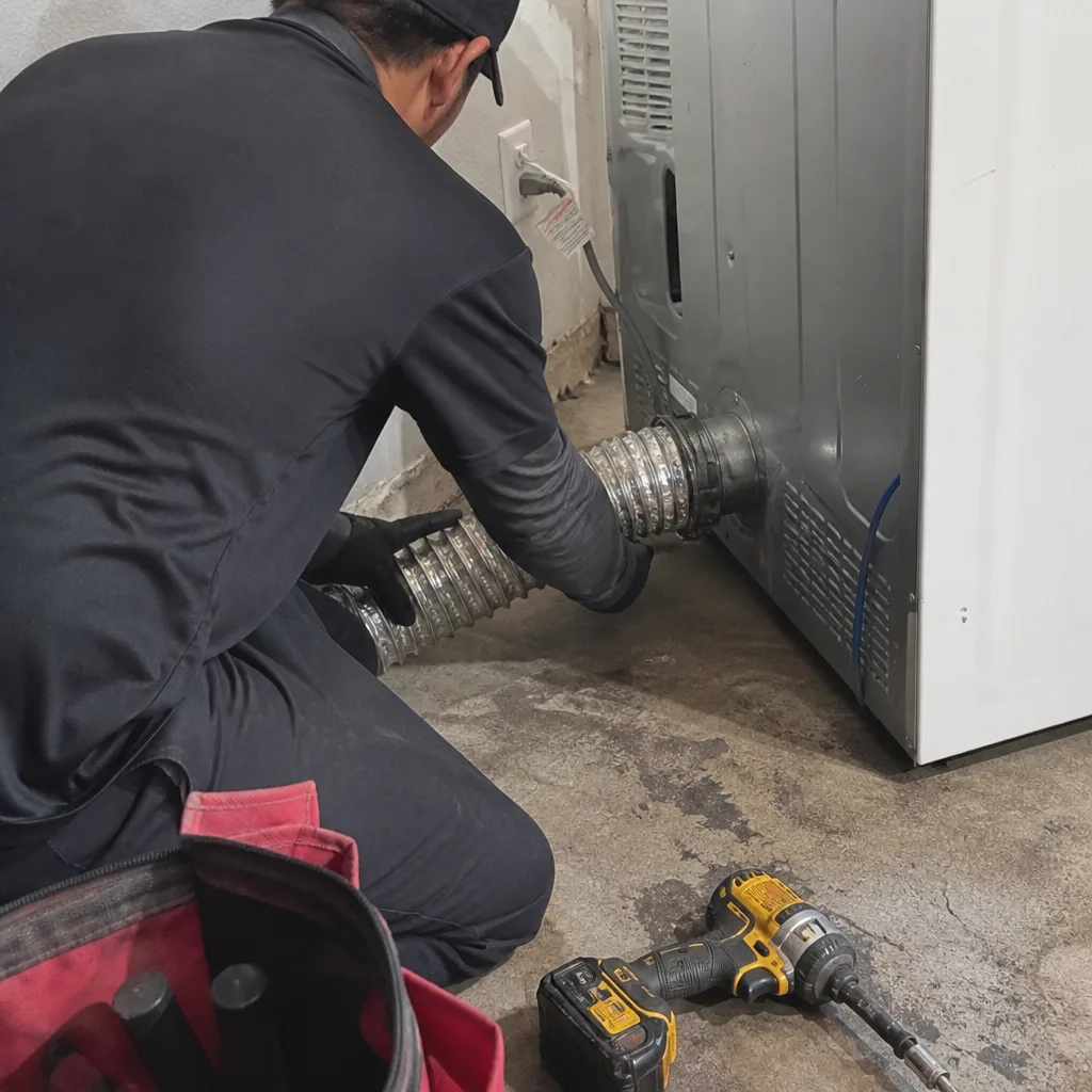 Technician connecting a dryer vent hose for professional duct cleaning