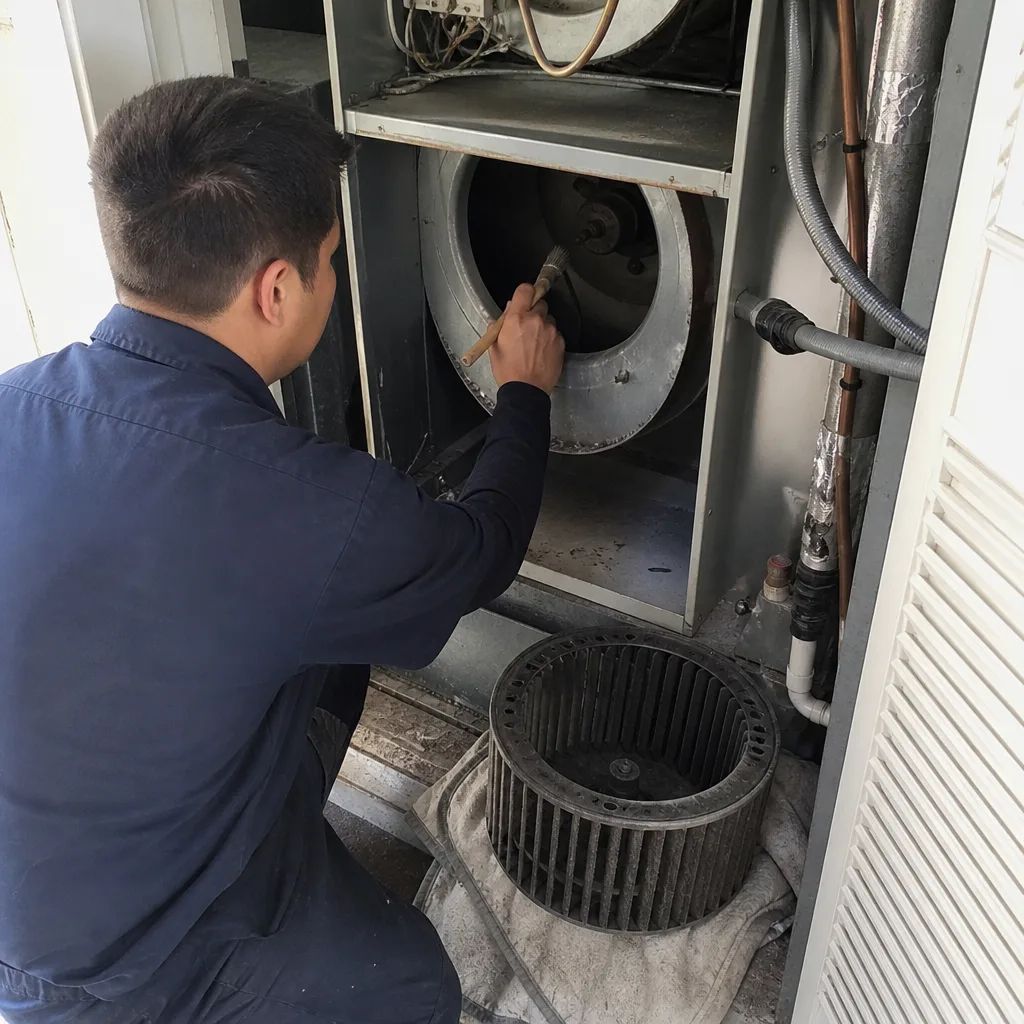 HVAC technician cleaning furnace blower fan assembly during professional duct maintenance