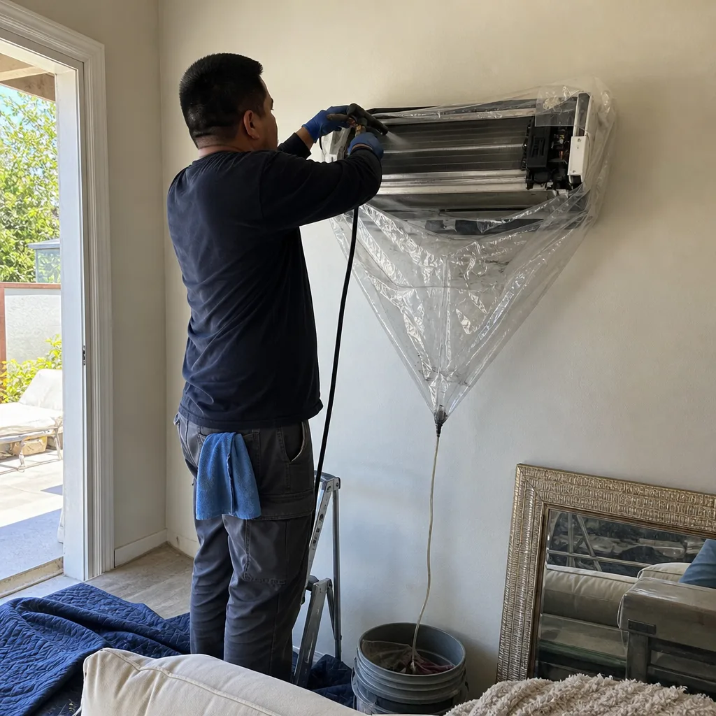 Technician performing professional mini-split HVAC cleaning service on a wall unit.