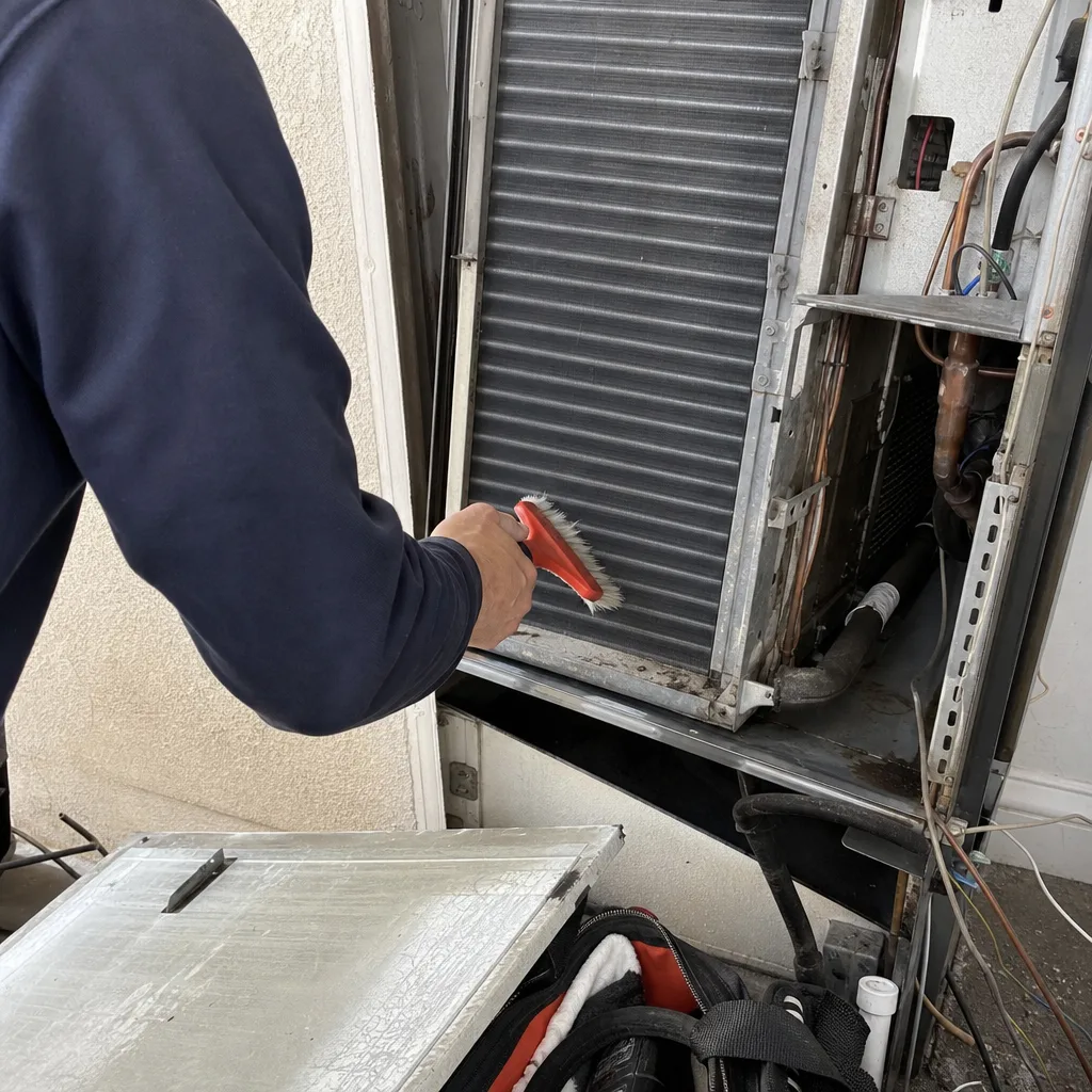 Technician performing professional HVAC air conditioner coil cleaning service
